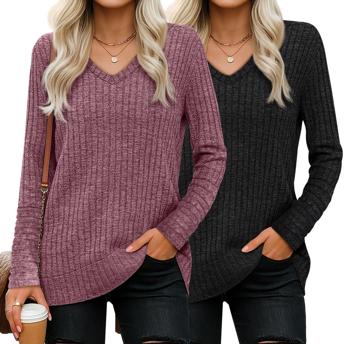 Ficerd 2 Pack Women V Neck Sweaters Long Sleeve Tunic Tops Lightweight Solid Color Casual Tunics Shirts(Small,Black, Coffee)