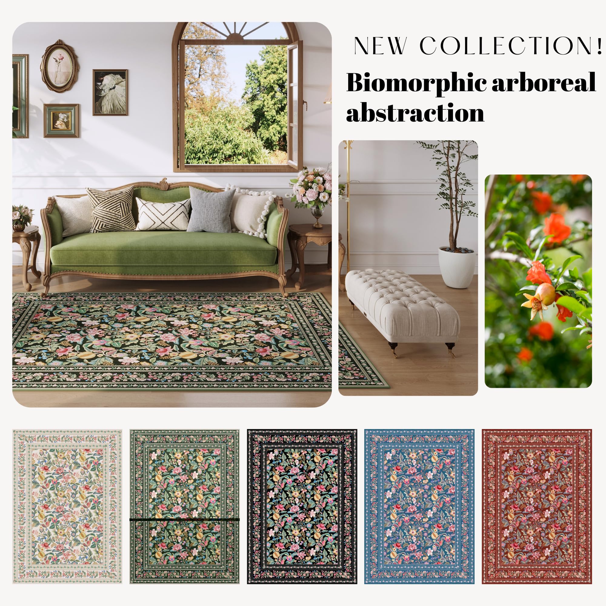 Vowkten 4x6 Washable Vintage Floral Area Rug Non Slip Low Pile Green