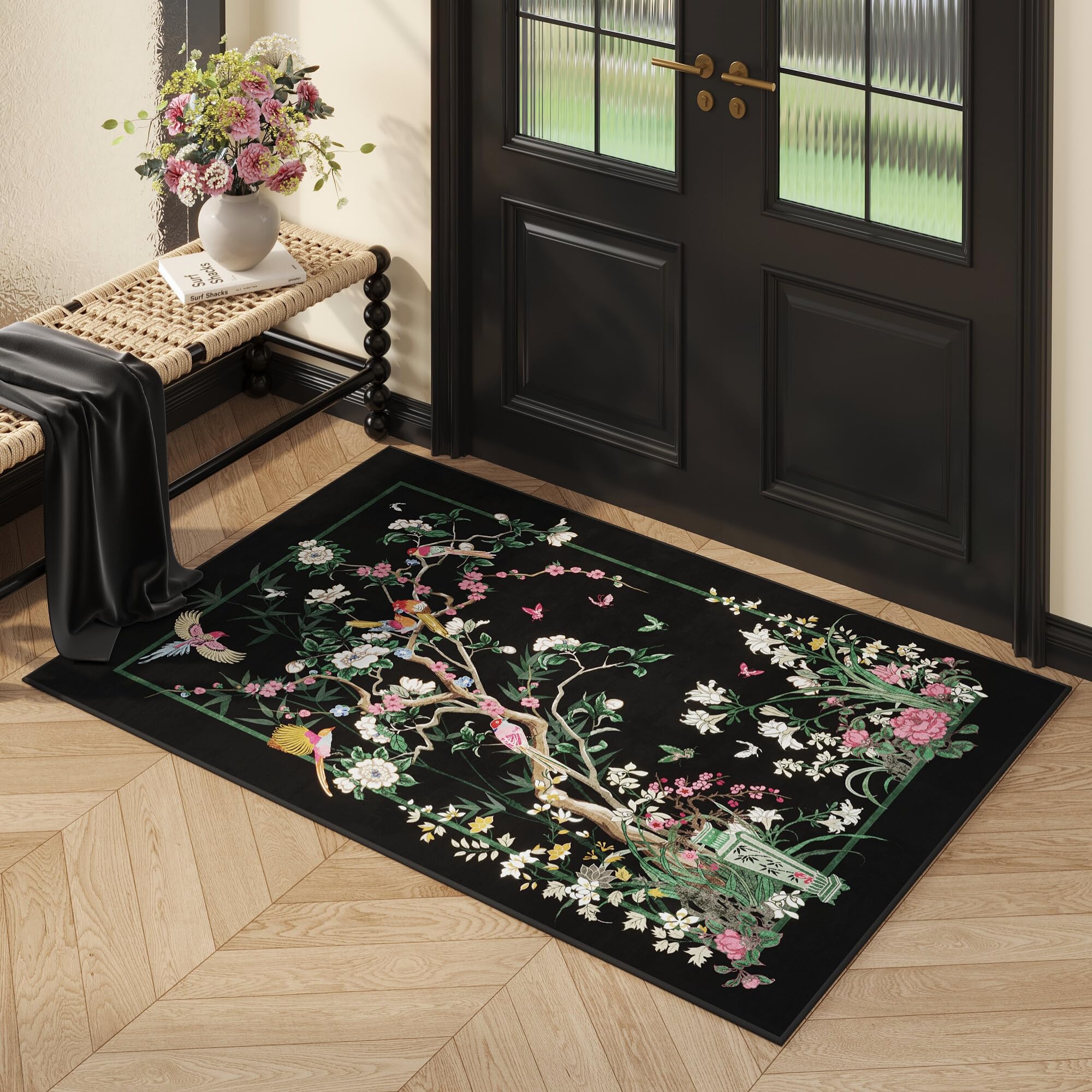 Vowkten Chinoiserie Floral Runner Rug Black Non Slip Washable 2'7x8'