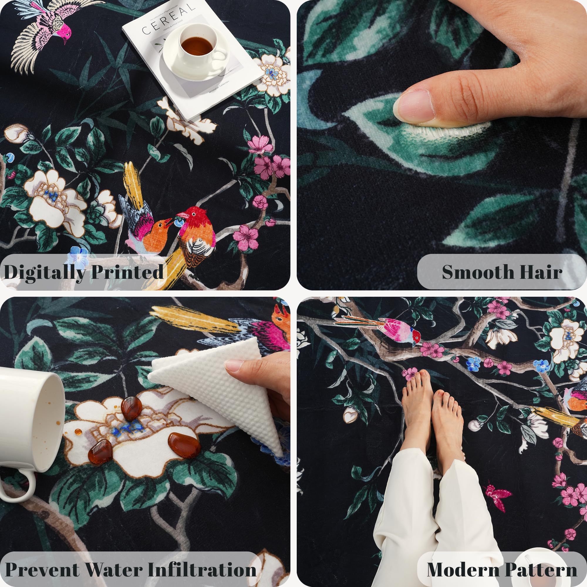 Vowkten Chinoiserie Floral Runner Rug Black Non Slip Washable 2'7x8'