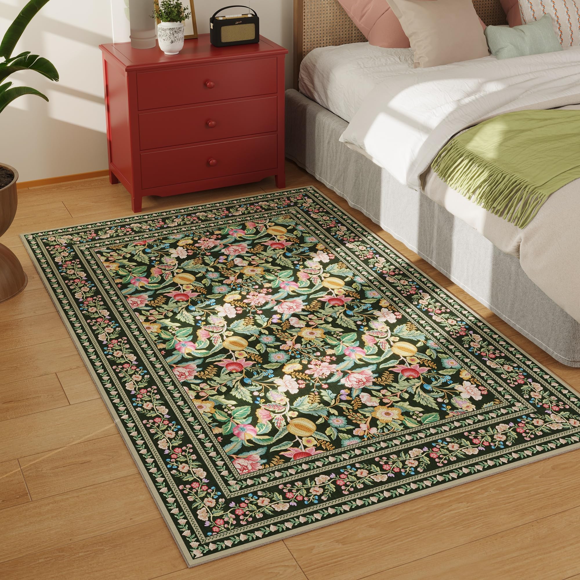 Vowkten 4x6 Washable Vintage Floral Area Rug Non Slip Low Pile Green