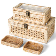 WISATO Rattan Display Boxes with Glass Lids Rectangular Natural Tan Set of 2