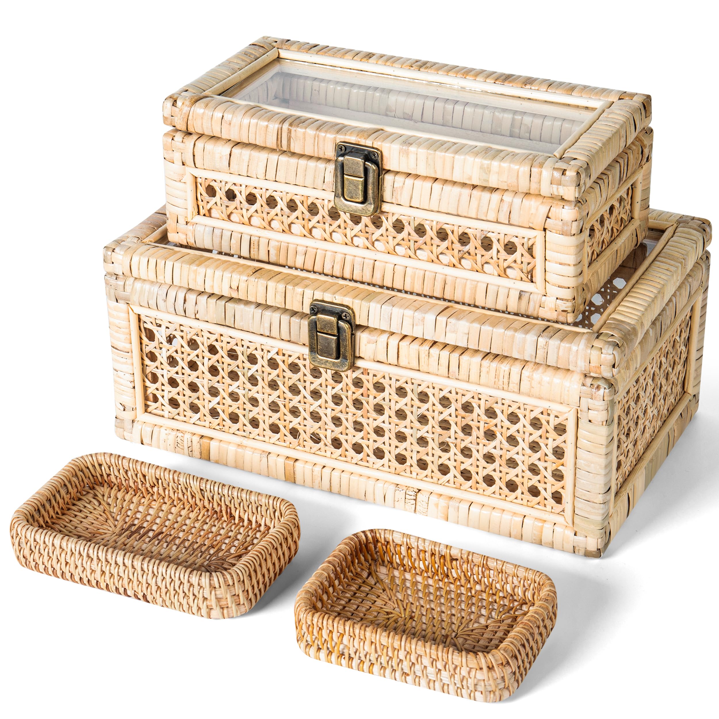 WISATO Rattan Display Boxes with Glass Lids Rectangular Natural Tan Set of 2