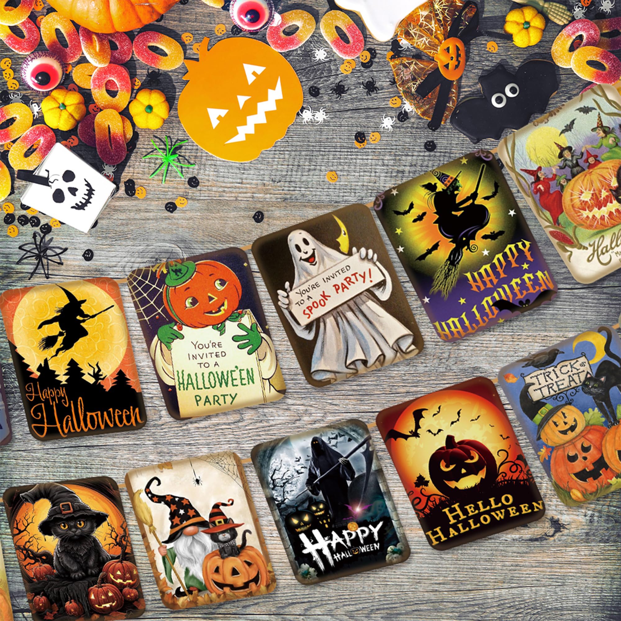 ICWJTGZ Vintage Halloween Banner 15 Pcs Retro Pumpkin Witch Paper Set A01