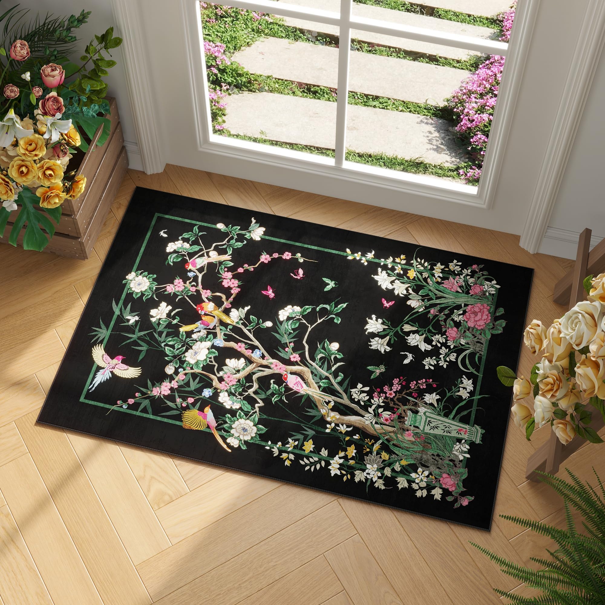 Vowkten Chinoiserie Floral Runner Rug Black Non Slip Washable 2'7x8'