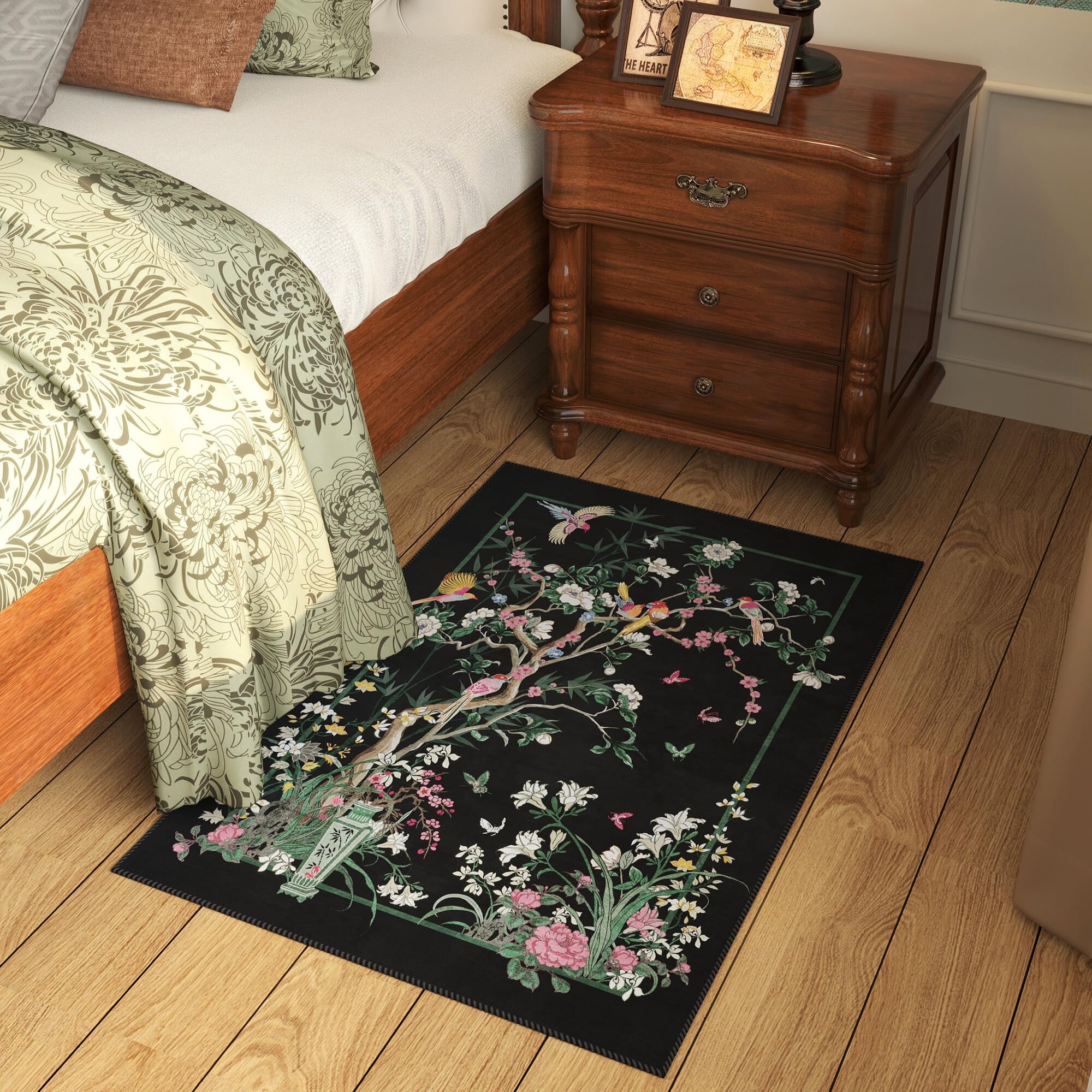 Vowkten Chinoiserie Floral Runner Rug Black Non Slip Washable 2'7x8'