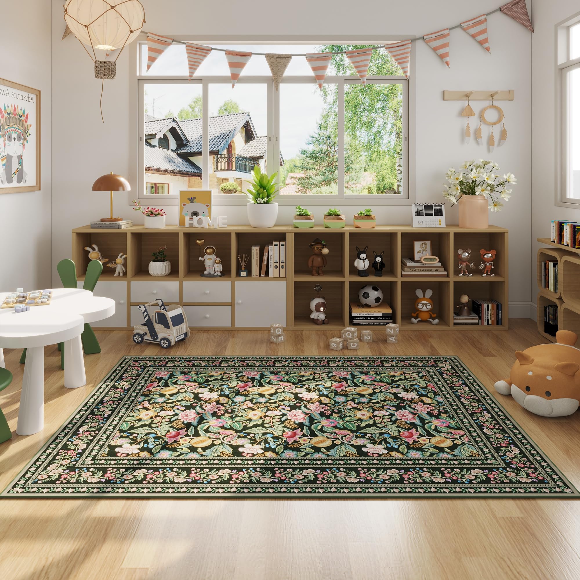 Vowkten 4x6 Washable Vintage Floral Area Rug Non Slip Low Pile Green