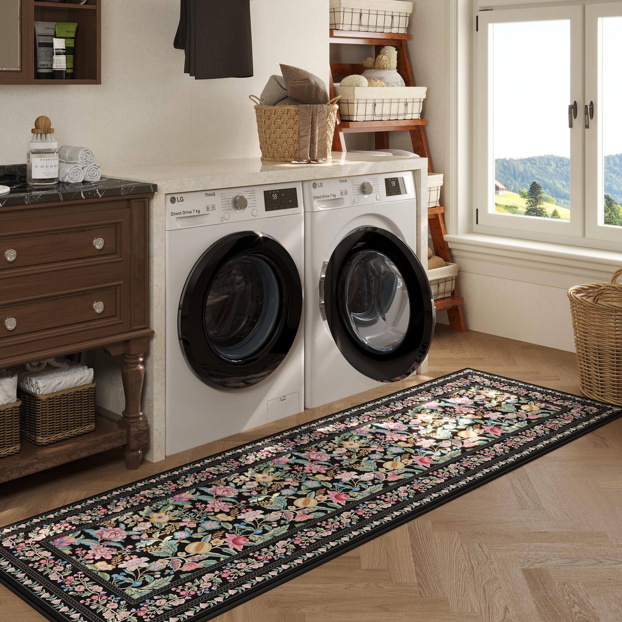 Vowkten Kitchen Runner Rug Non Slip Floral 2'7"x8' Black Polyester Vintage