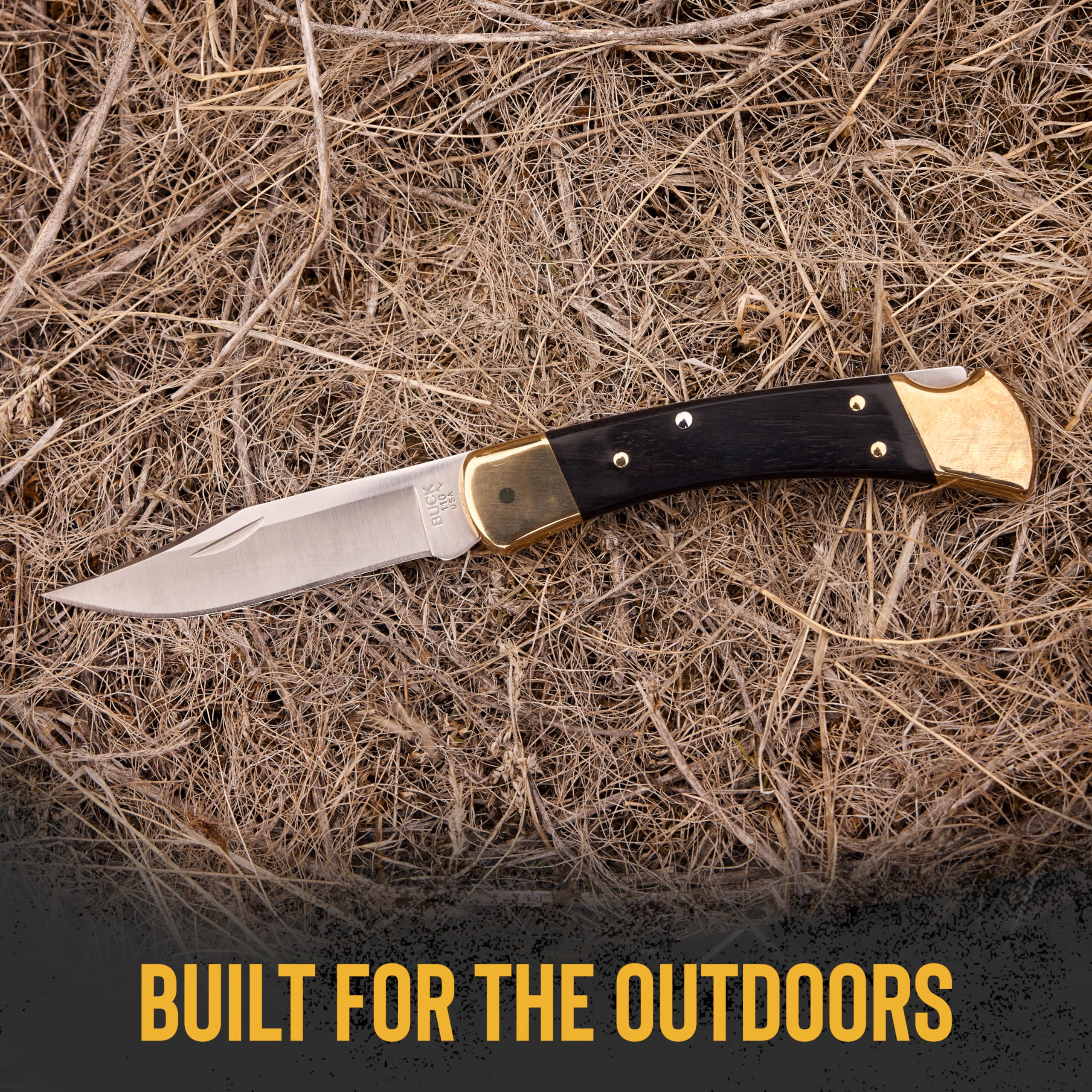 Buck Knives 110 Folding Hunter Knife 3.75" Blade Ebony Handle Brass USA