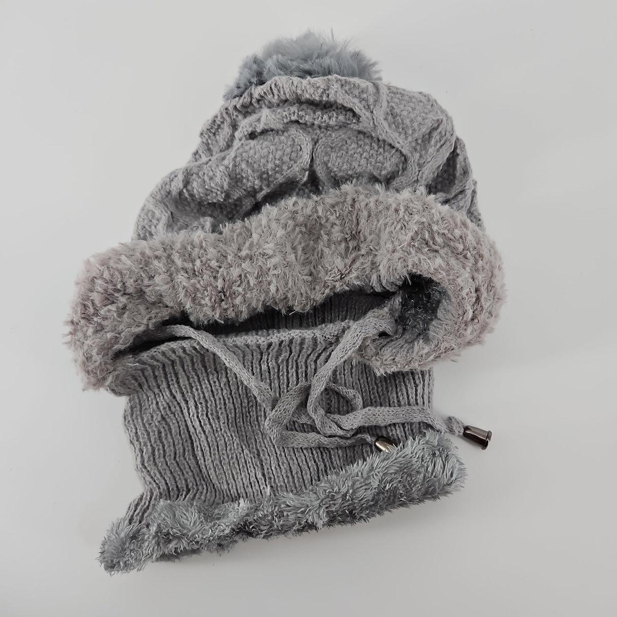 Women's Knit Winter Balaclava Hat and Scarf with Pom-Poms