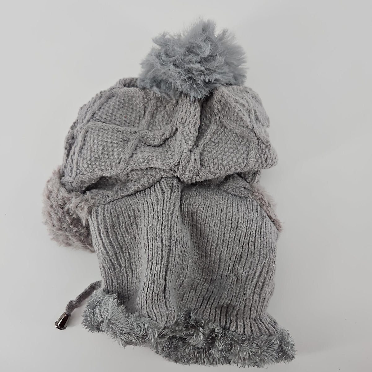 Women's Knit Winter Balaclava Hat and Scarf with Pom-Poms