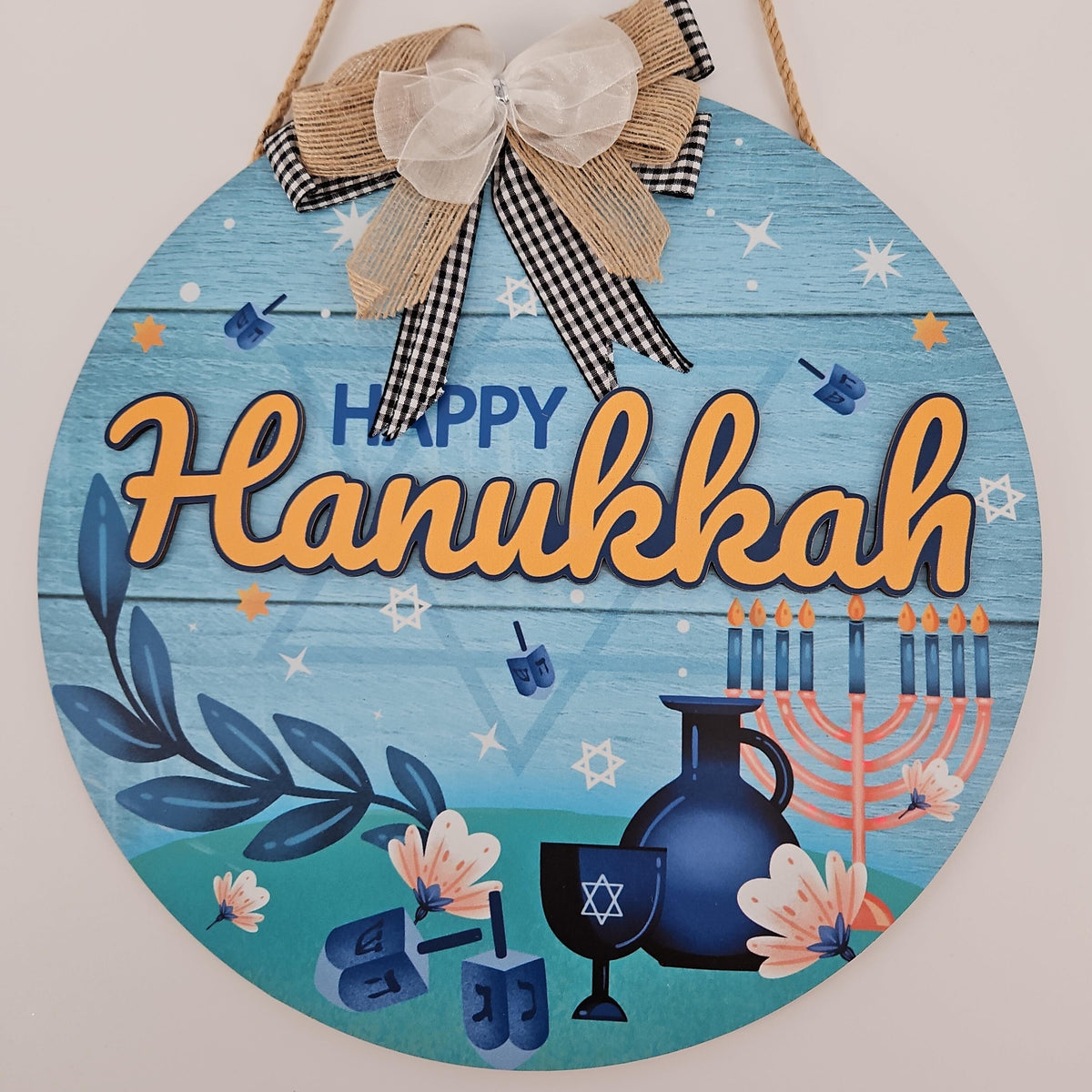 Happy Hanukkah Round Wooden Hanging Sign