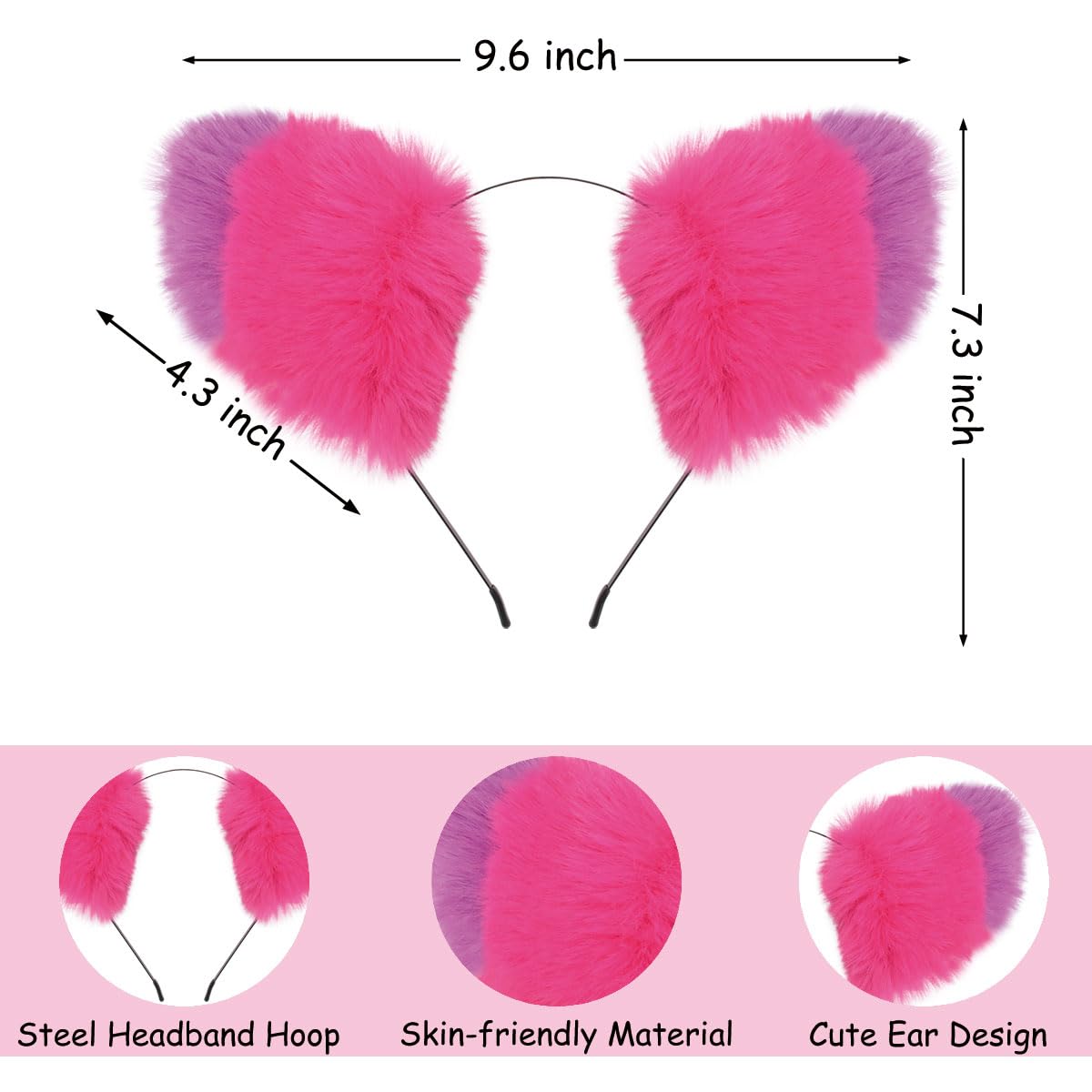 HODRME One Size 4-Piece Pink/Purple Cat Ears, Tail, Mask & Collar