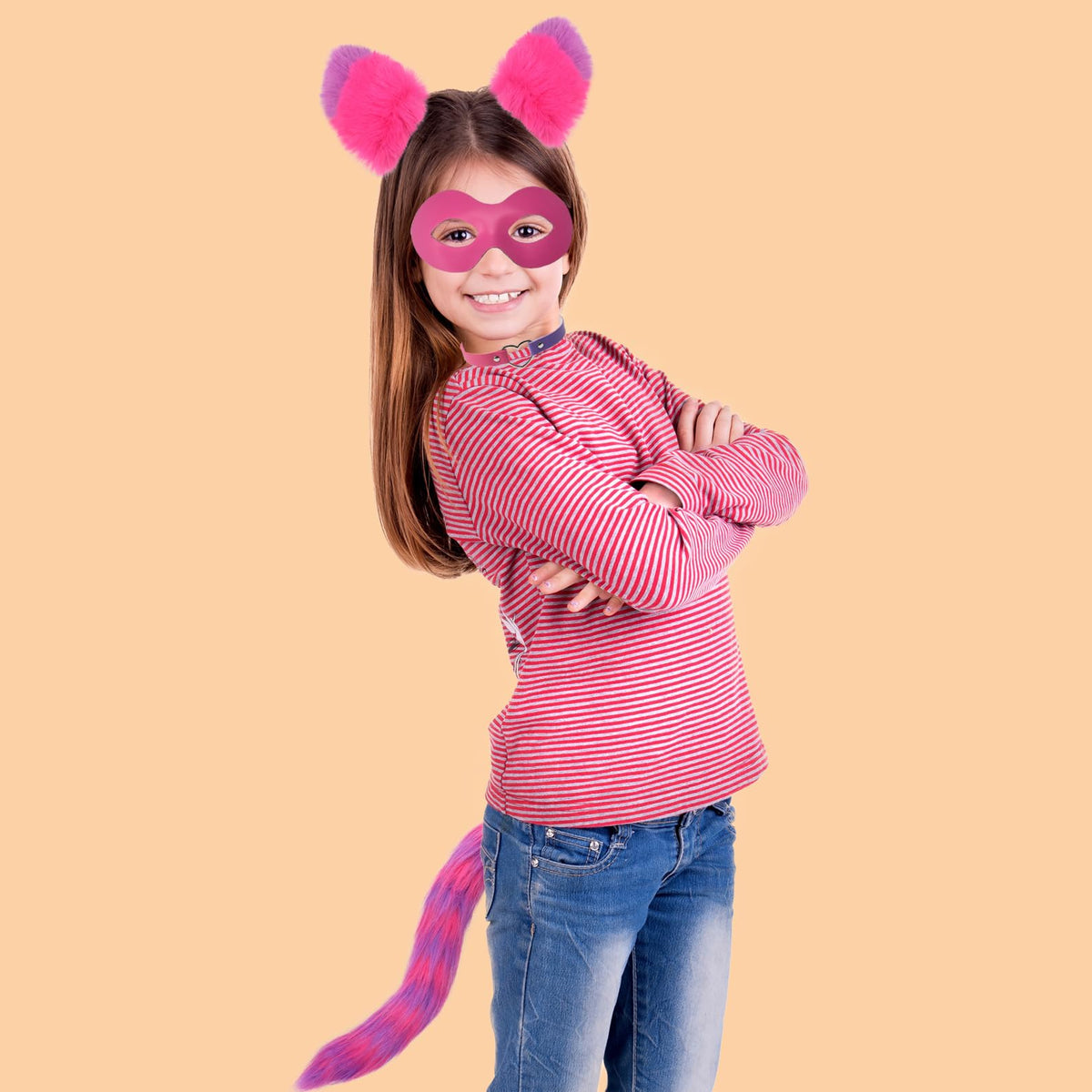 HODRME One Size 4-Piece Pink/Purple Cat Ears, Tail, Mask & Collar