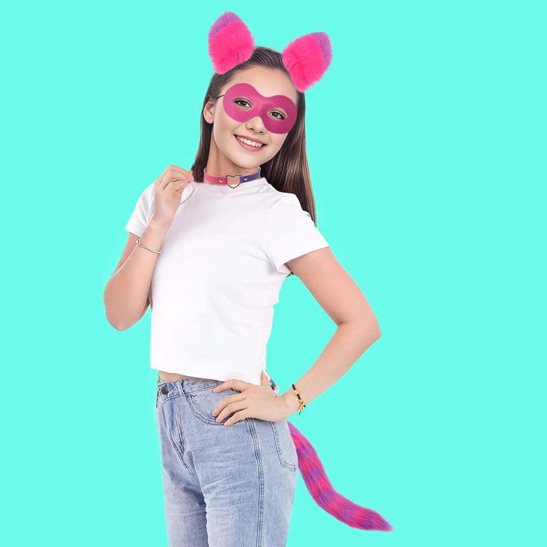 HODRME One Size 4-Piece Pink/Purple Cat Ears, Tail, Mask & Collar