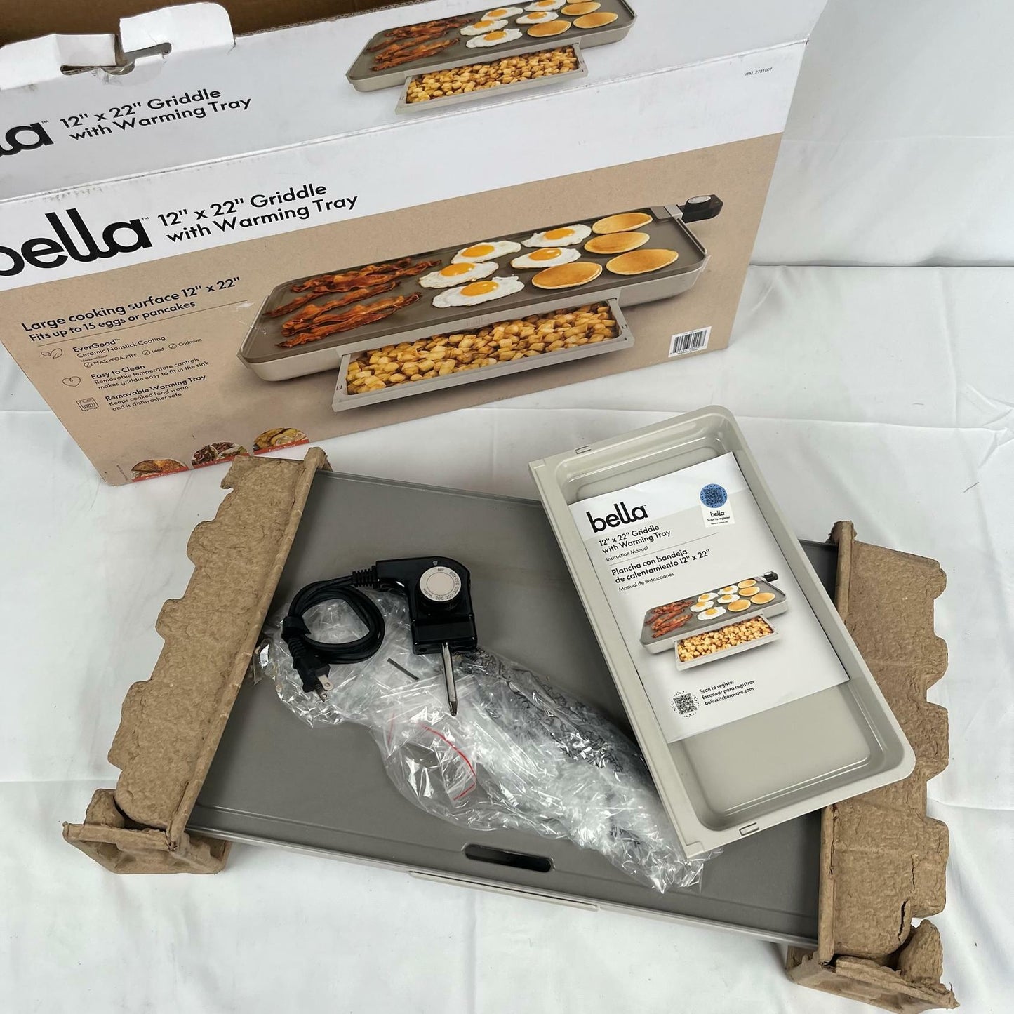 [Like_new] bella 12" x 22" Electric Griddle with Warming Tray, 1500 Watt