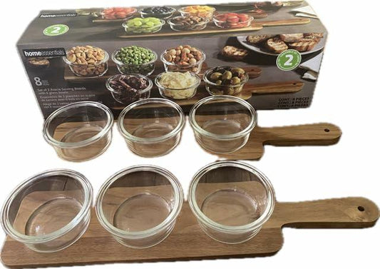 [Like_new] Home Essentials set of 2 Acacia Serving Boards with 6 Glass Bowls