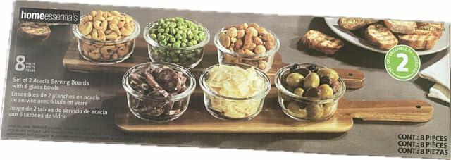 [Like_new] Home Essentials set of 2 Acacia Serving Boards with 6 Glass Bowls