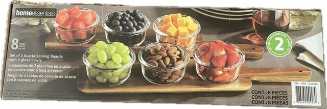 [Like_new] Home Essentials set of 2 Acacia Serving Boards with 6 Glass Bowls