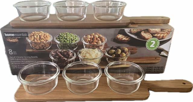 [Like_new] Home Essentials set of 2 Acacia Serving Boards with 6 Glass Bowls