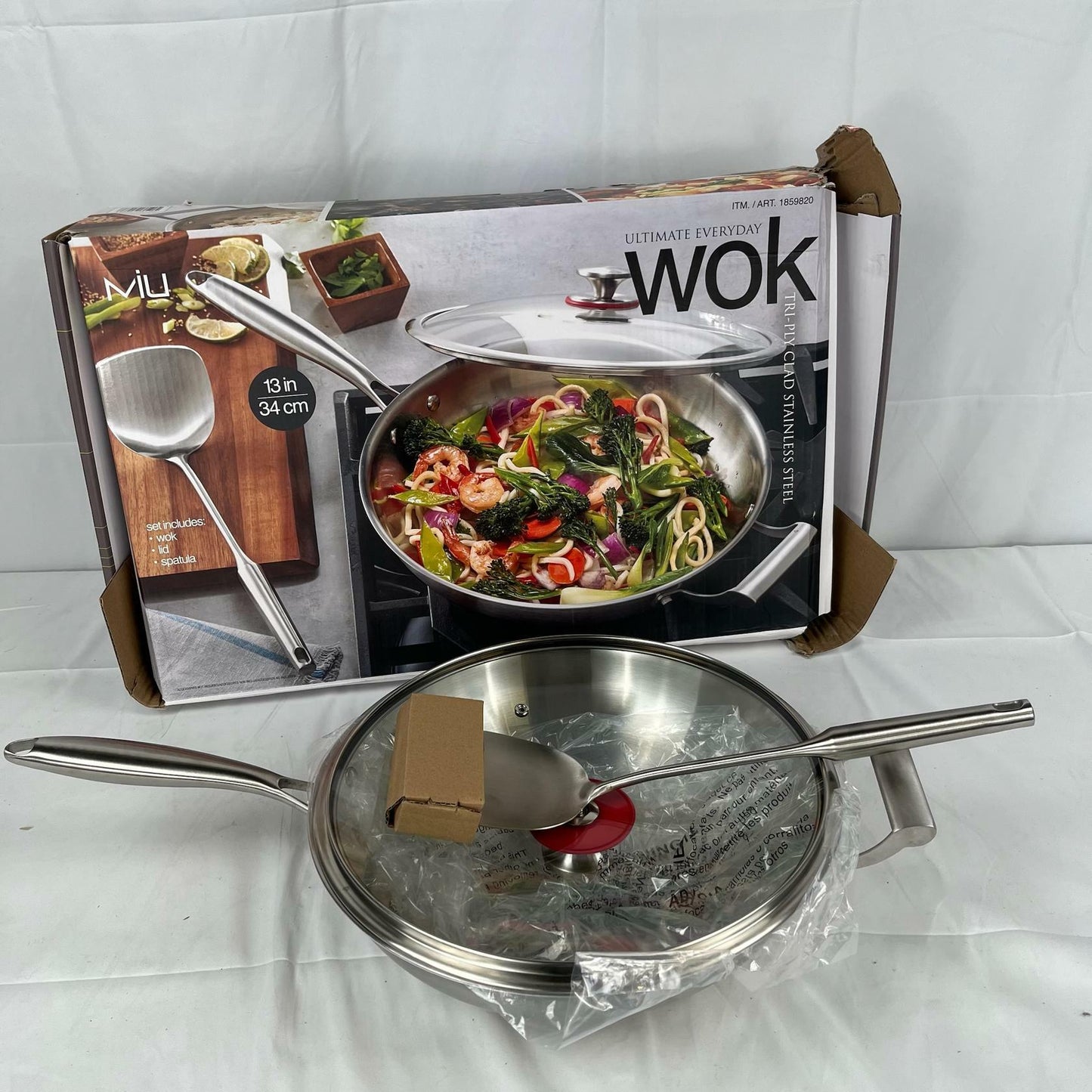 [Like_new] MIU 13" Tri-Ply Clad Stainless Steel Wok Set (Wok+Lid+Spatula)