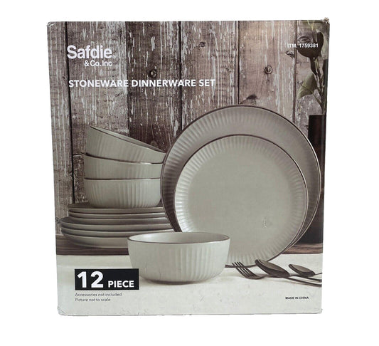 [Like_new] Safdie & Co. 12 Piece Stoneware Dinnerware Set - Modern Linen Plates & Bowls Set