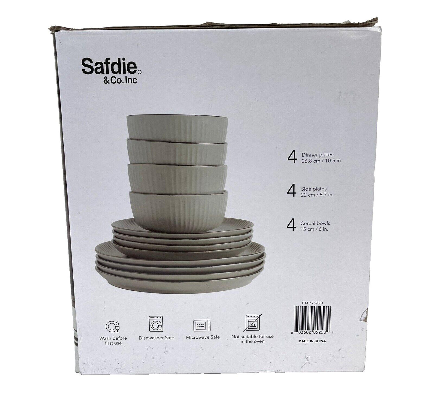 [Like_new] Safdie & Co. 12 Piece Stoneware Dinnerware Set - Modern Linen Plates & Bowls Set