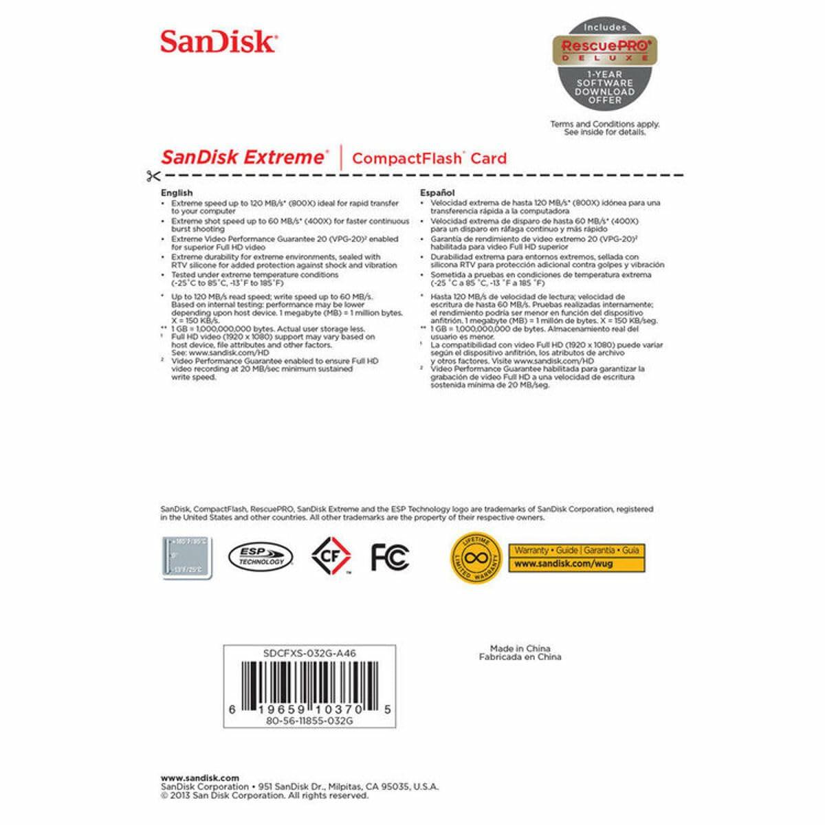 SanDisk SDCFXSB-032G-G46 CF Extreme Memory Card 32GB 120MB/S Class 10