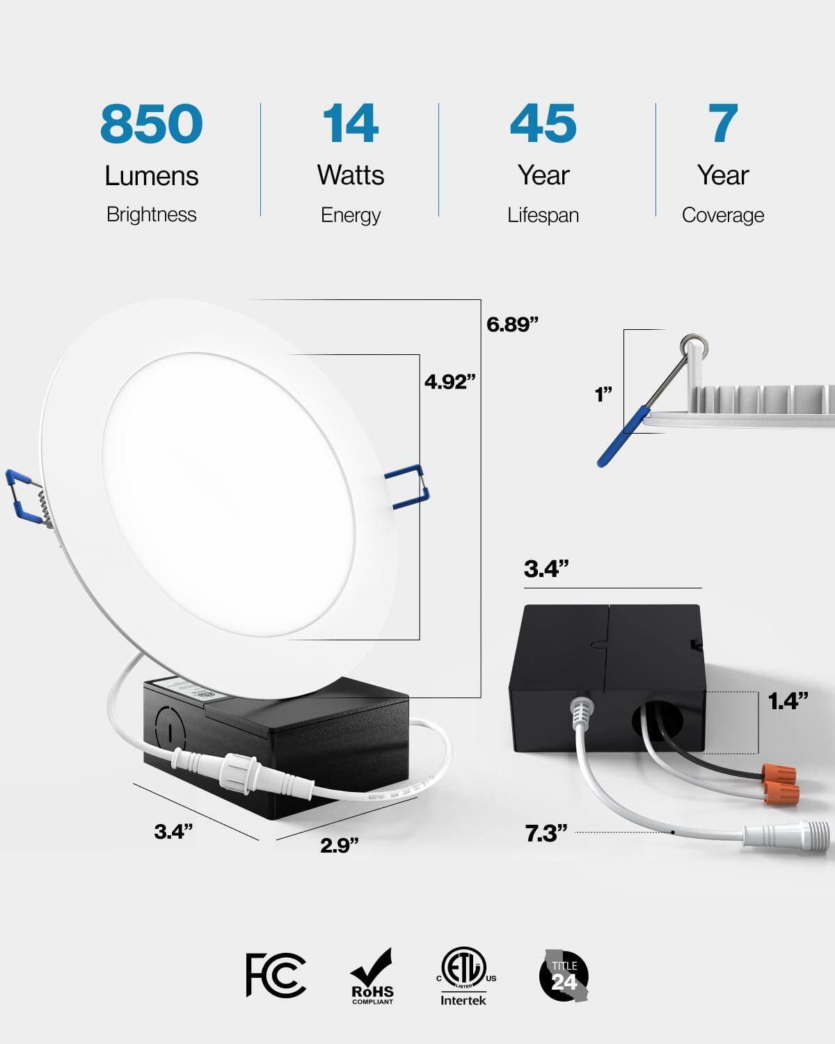 Sunco Recessed Lighting 6 Inch LED, 50000 Lifetime Hours ETL 2 Pack.