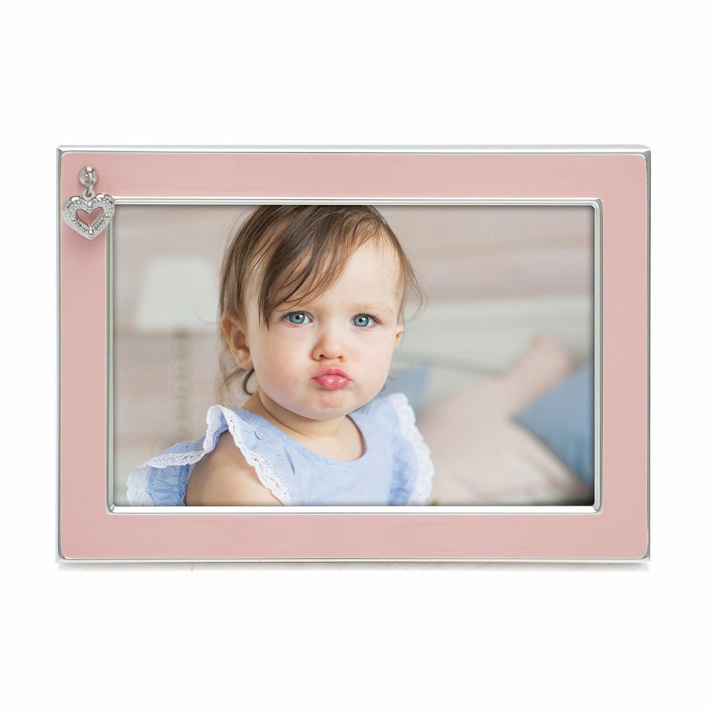 MIMOSA MOMENTS Silver Plated Metal Baby Picture Frame with Pink Enamel and a