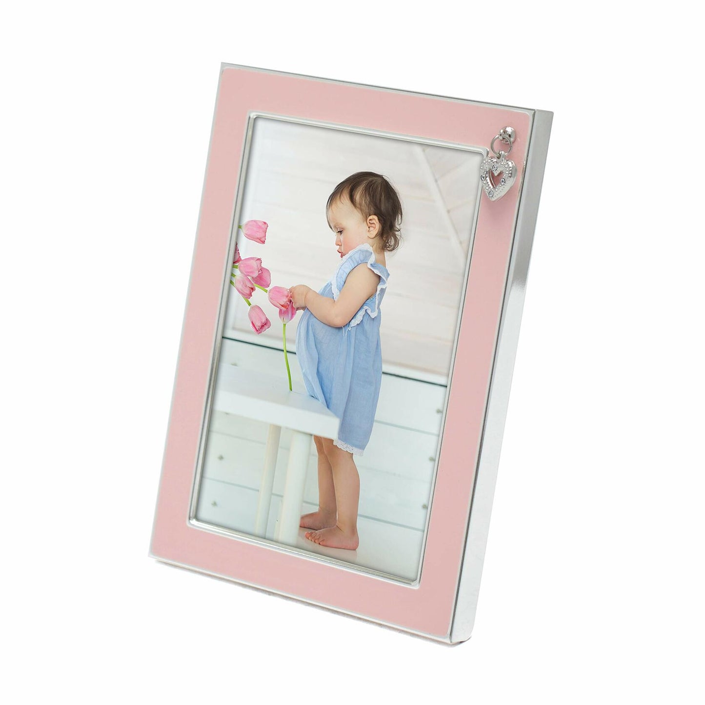 MIMOSA MOMENTS Silver Plated Metal Baby Picture Frame with Pink Enamel and a