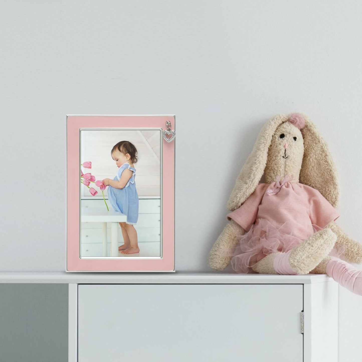 MIMOSA MOMENTS Silver Plated Metal Baby Picture Frame with Pink Enamel and a