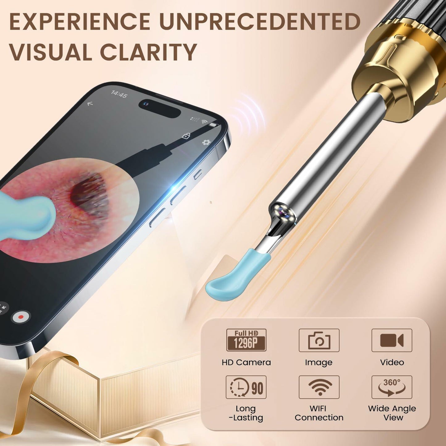 P8 Ear Cleaner Camera 1296P HD WiFi Otoscope Light Gold New