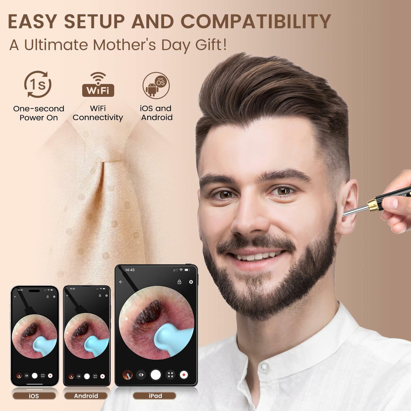 P8 Ear Cleaner Camera 1296P HD WiFi Otoscope Light Gold New