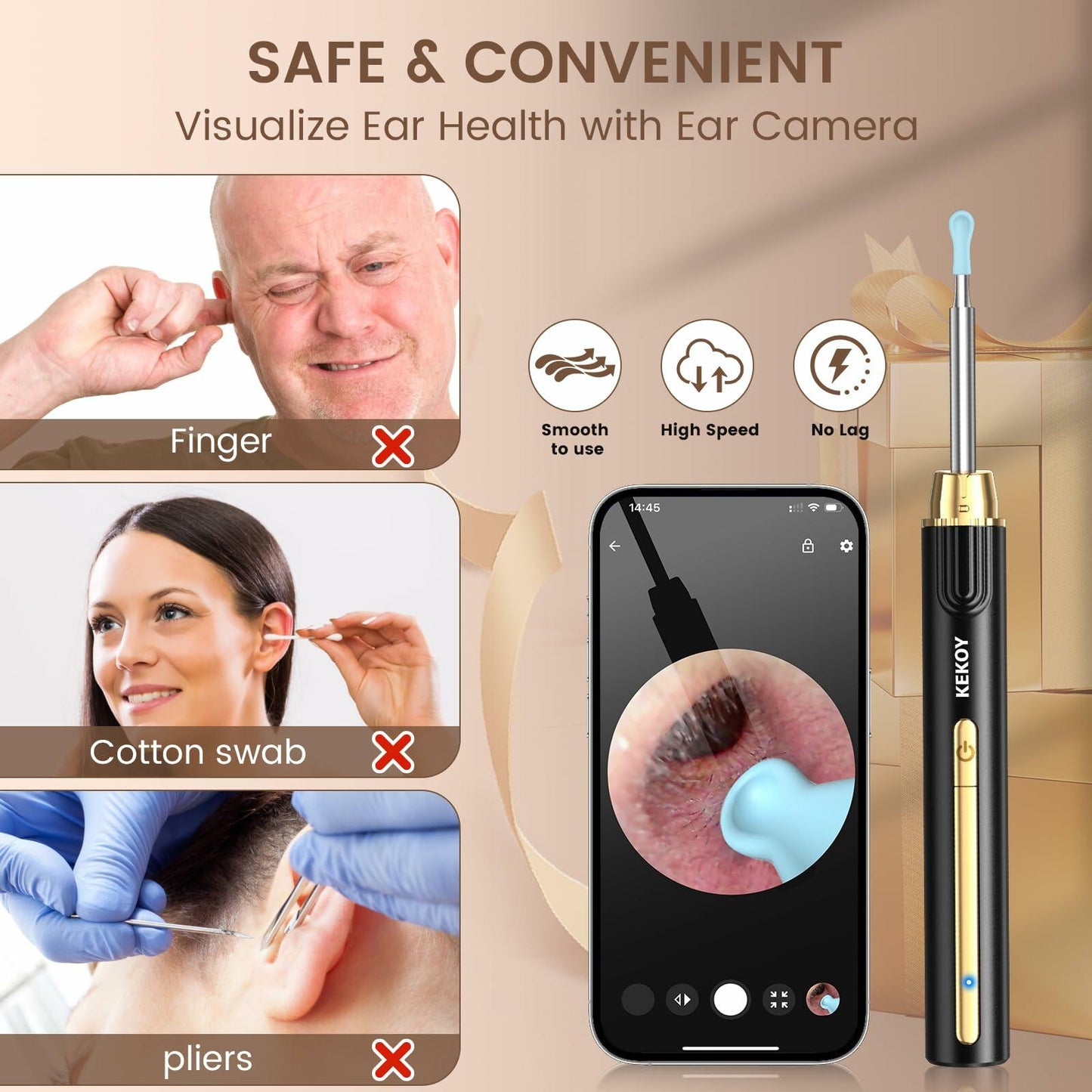P8 Ear Cleaner Camera 1296P HD WiFi Otoscope Light Gold New