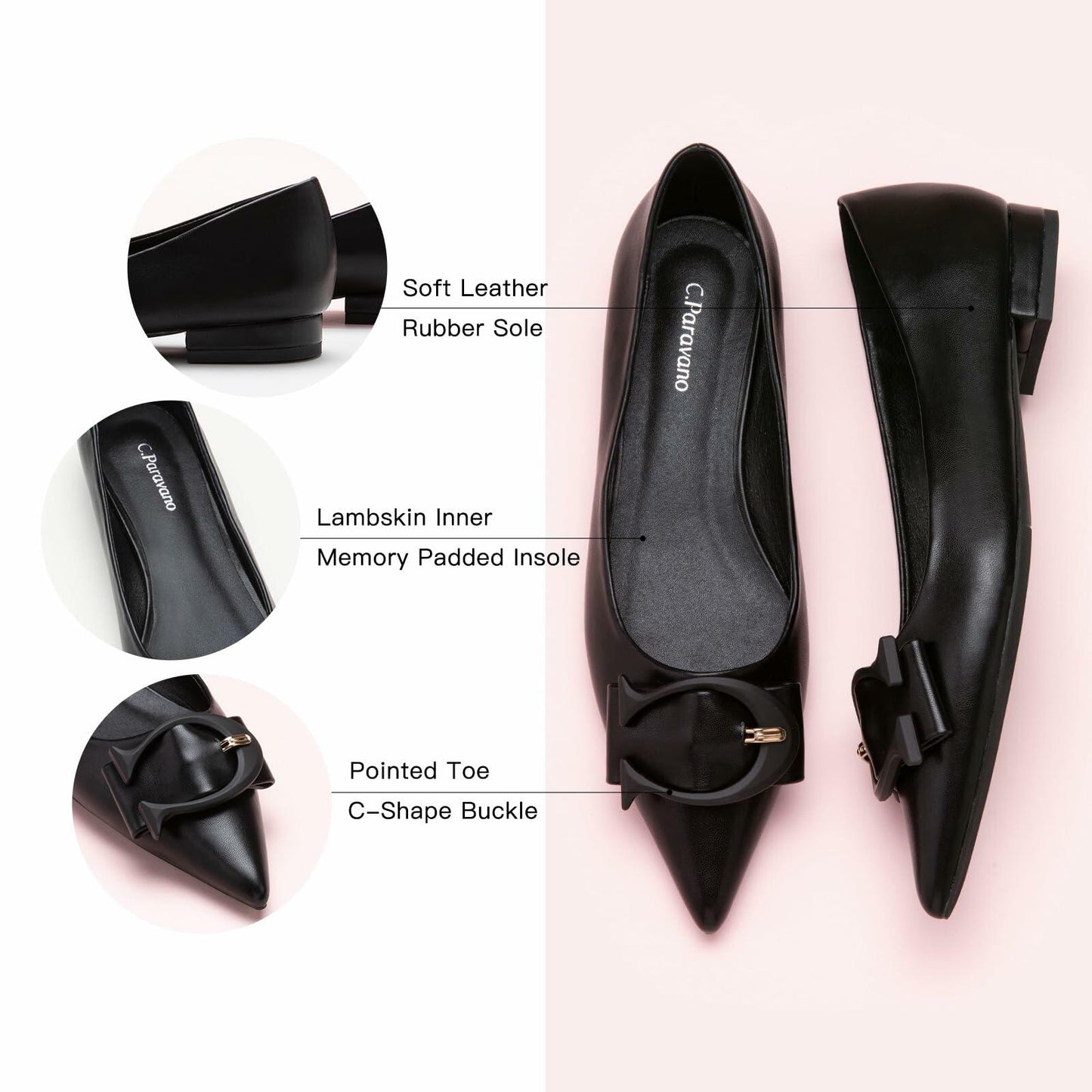 C.Paravano Women's Pointed Toe Leather Flats Black Comfy Slip-On Shoes 7.5