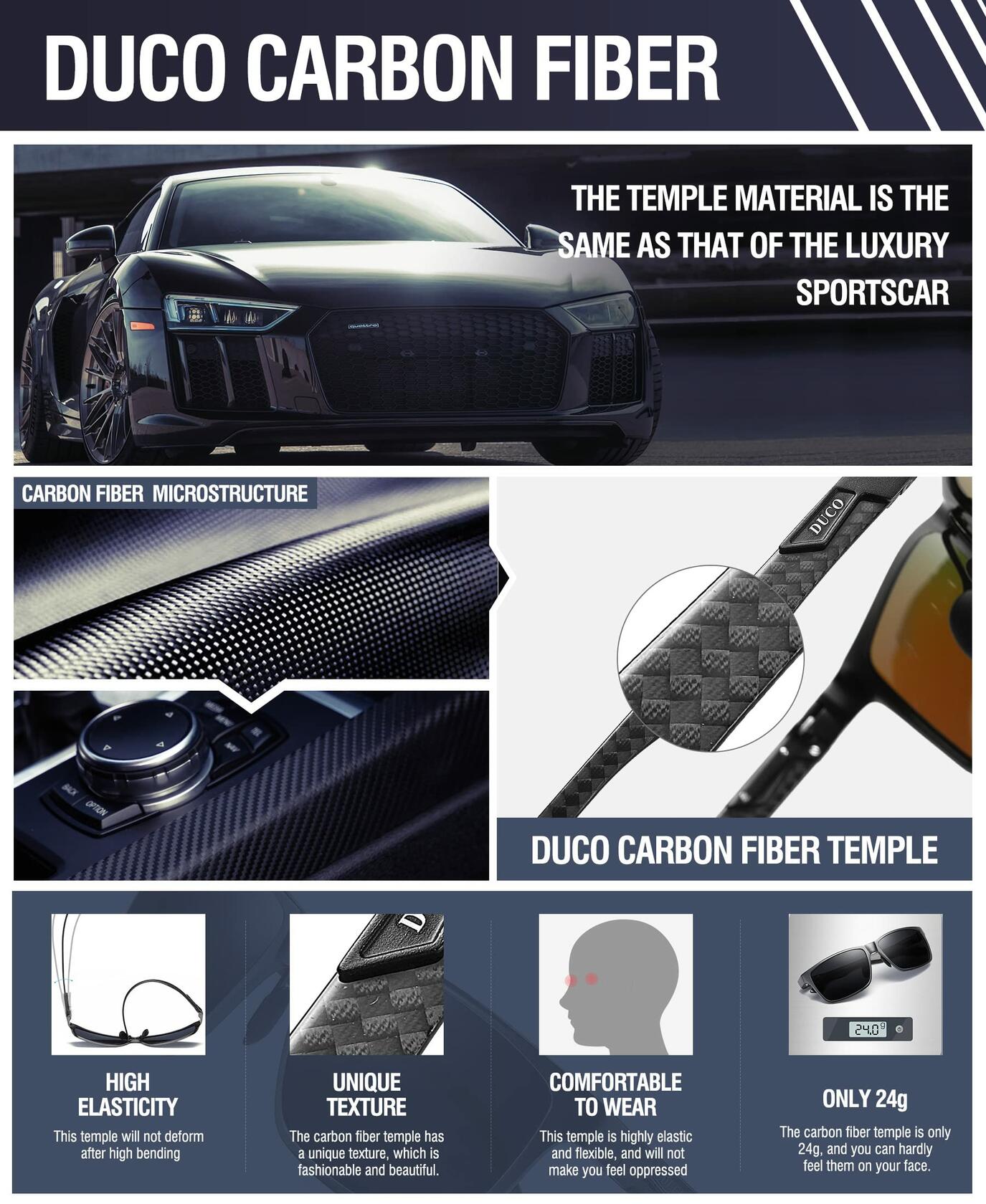 DUCO Men's Carbon Fiber Temple Polarized Sunglasses – Model 8206