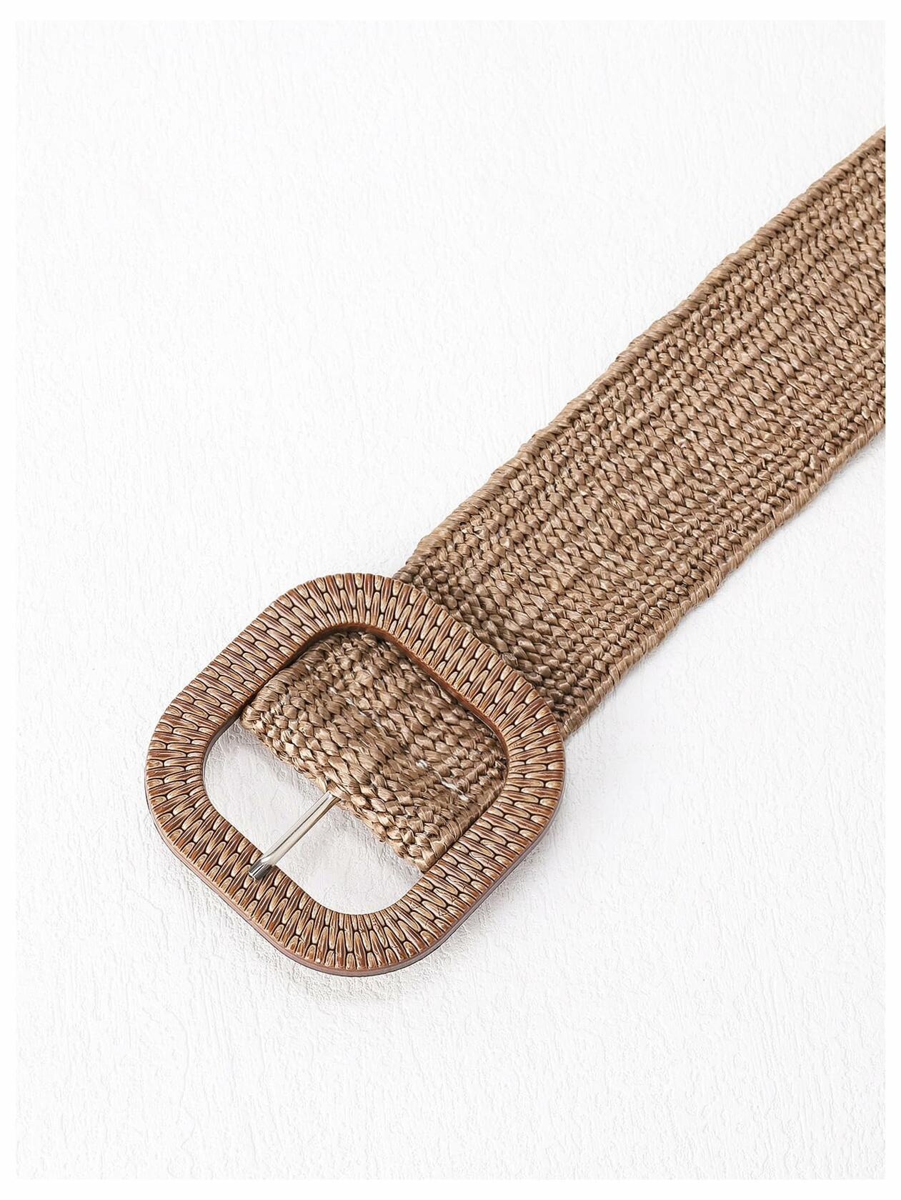 Verdusa Women's Square Buckle Straw Belt – Elastic Woven Waist, Brown, Size 70