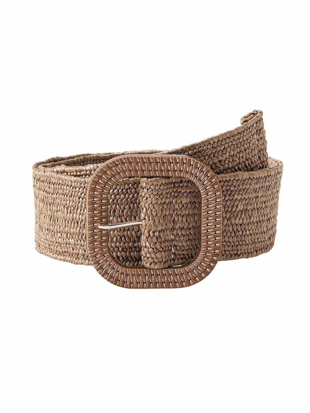 Verdusa Women's Square Buckle Straw Belt – Elastic Woven Waist, Brown, Size 70