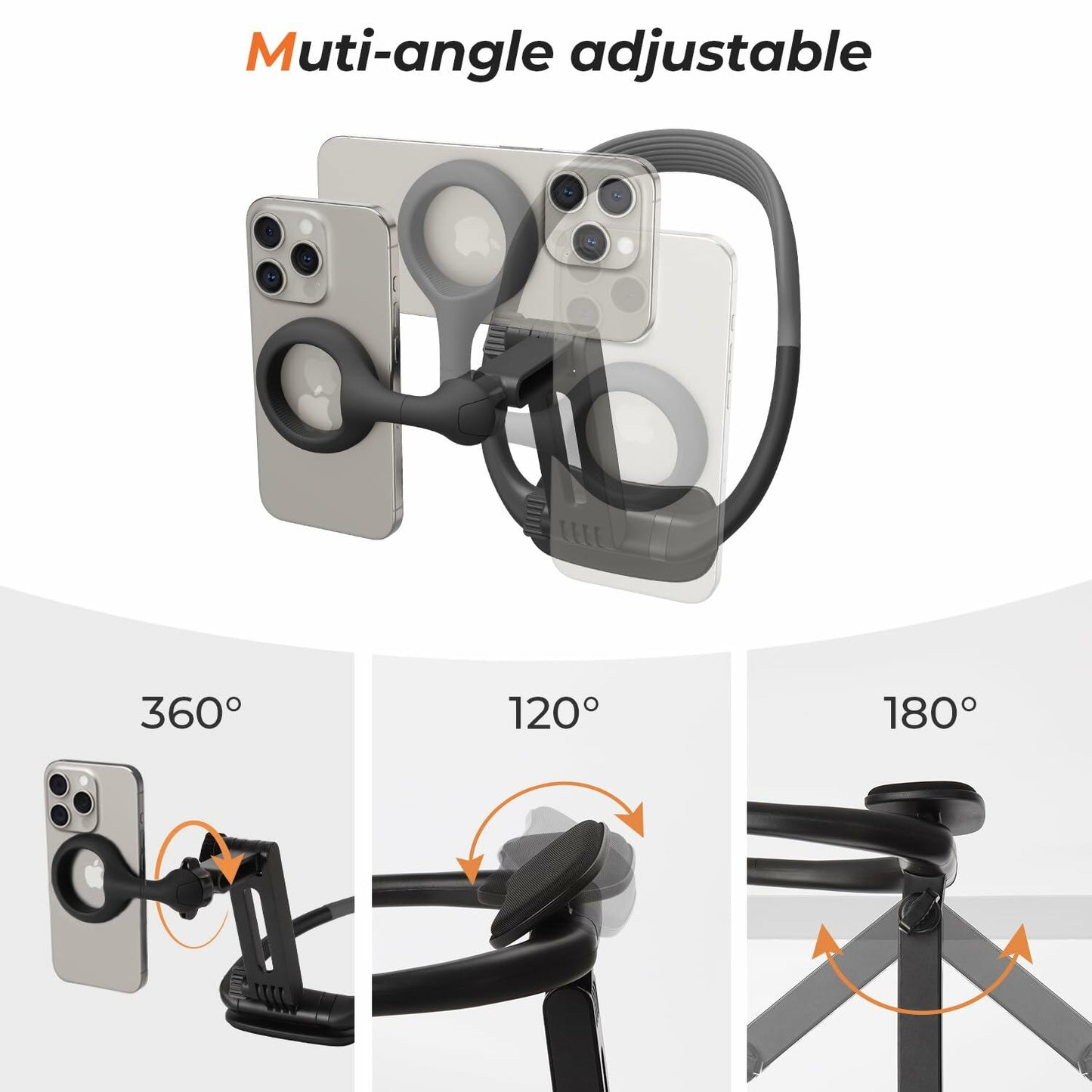 Magnetic Neck Phone Holder iPhone 12-16 Series Grey Adjustable Hands-Free