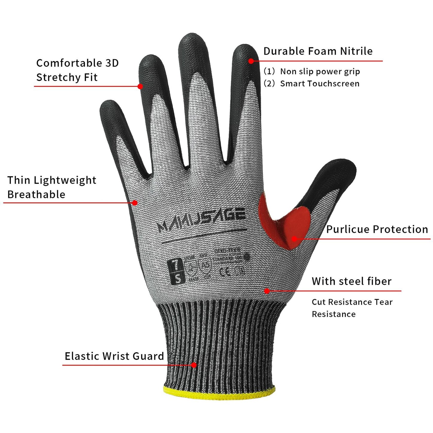 Manusage Kevllar Cut Resistant Work Gloves, Yellow, 3 Pair, Size L