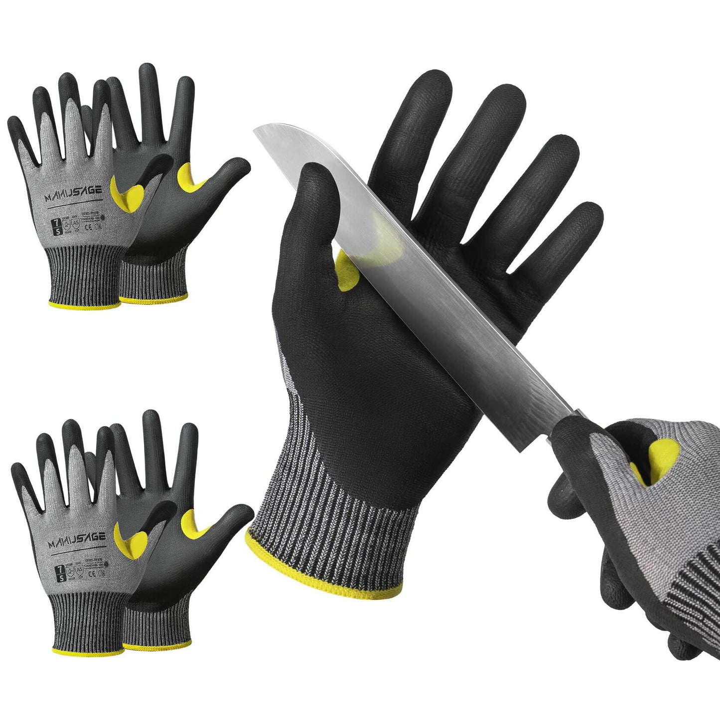 Manusage Kevllar Cut Resistant Work Gloves, Yellow, 3 Pair, Size L