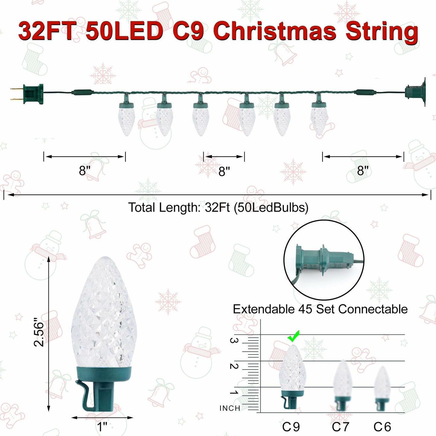 C9 LED Christmas Lights Outdoor 50 LED 32FT Warm White Plug-in Strand