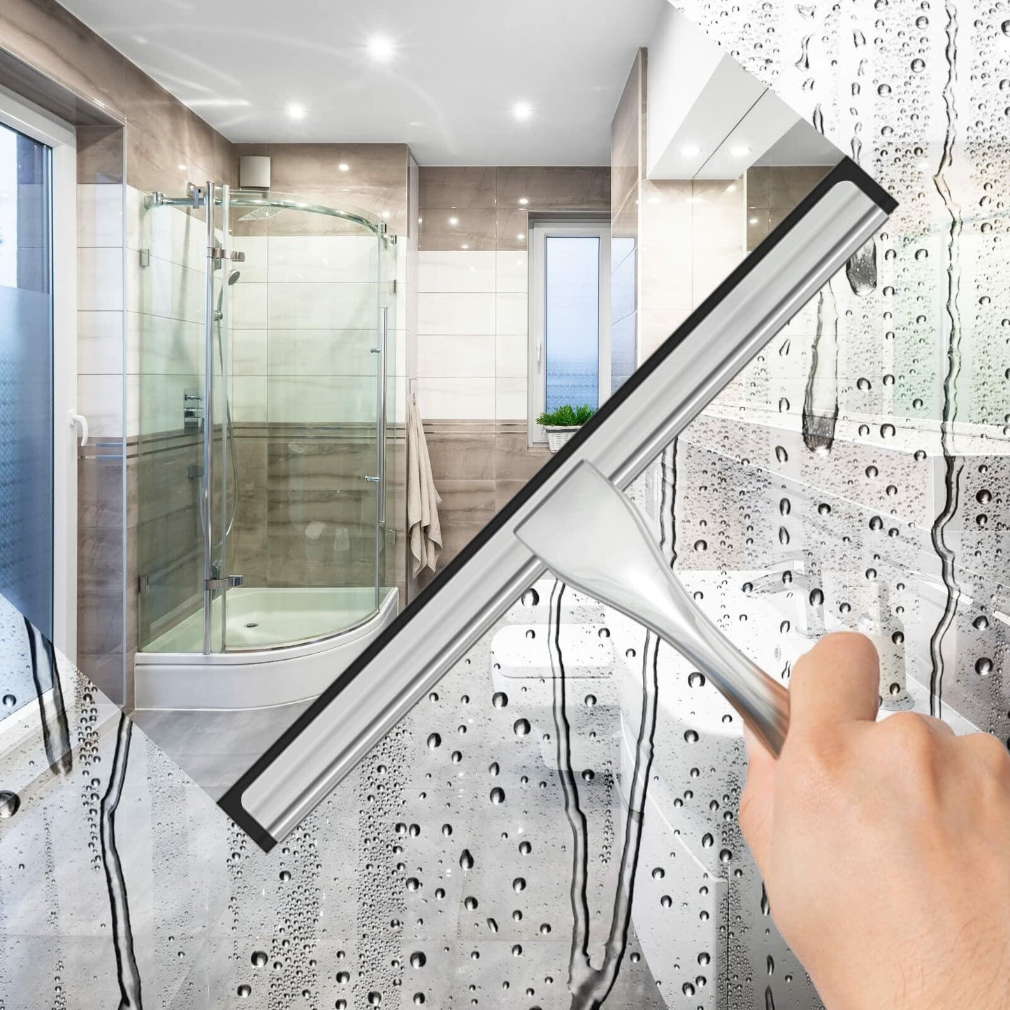 Stainless Steel Shower Squeegee 10" Silver with 2 Adhesive Hooks