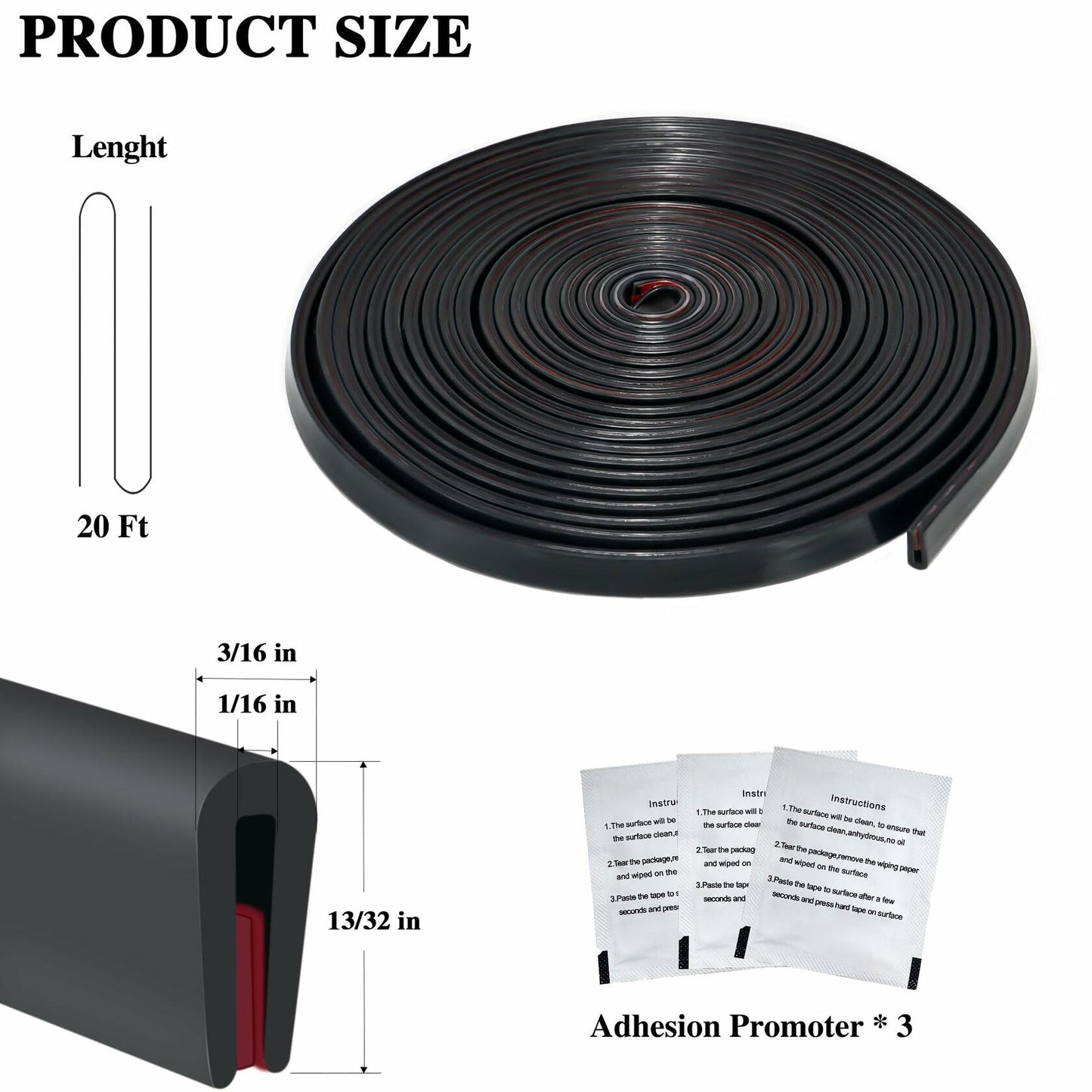 Orgthin Rubber Edge Trim U Channel 1/16" Black 10ft Self Adhesive Seal Strip