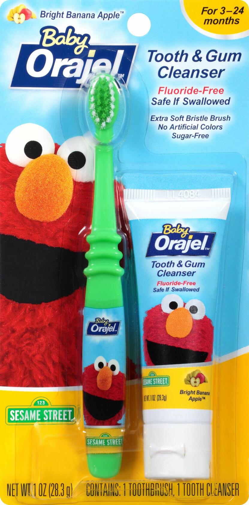 Orajel Baby Elmo Tooth & Gum Cleanser with Toothbrush Apple Banana 1oz New