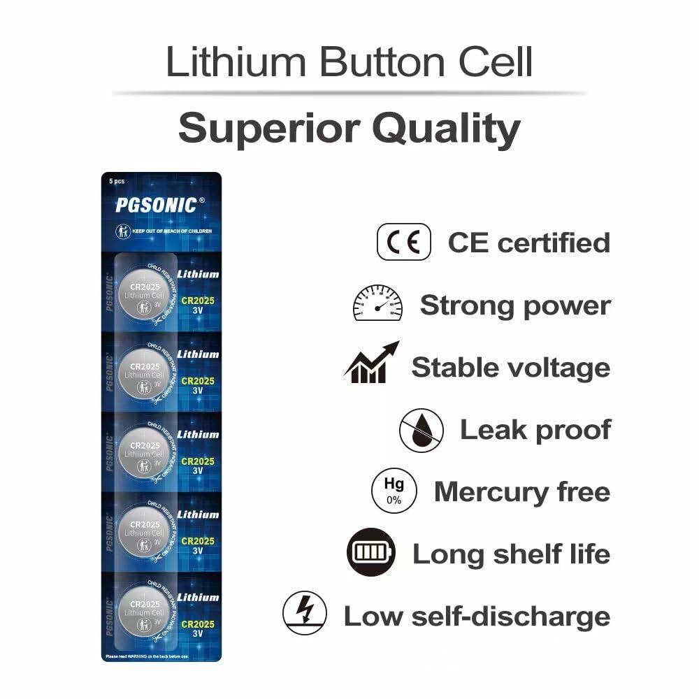PGSONIC CR2025 3V Lithium Battery 5pcs New Long Lasting Coin Cell