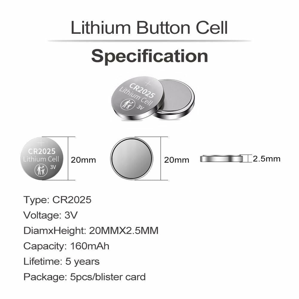 PGSONIC CR2025 3V Lithium Battery 5pcs New Long Lasting Coin Cell
