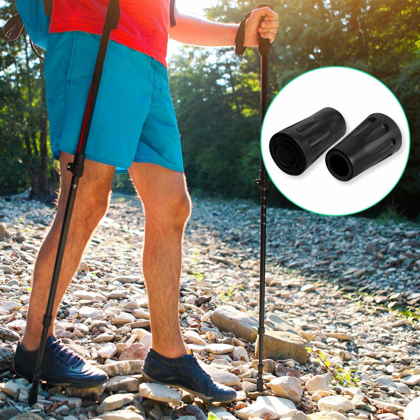 4Pcs Black Rubber Feet Hiking Pole Tips Replacement - Shock Absorbing Grip