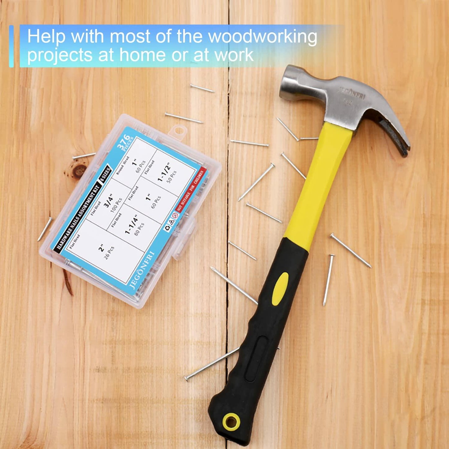 376pcs Hardware Assortment Kit with 2" Nails & 8oz Claw Hammer - Small Wood